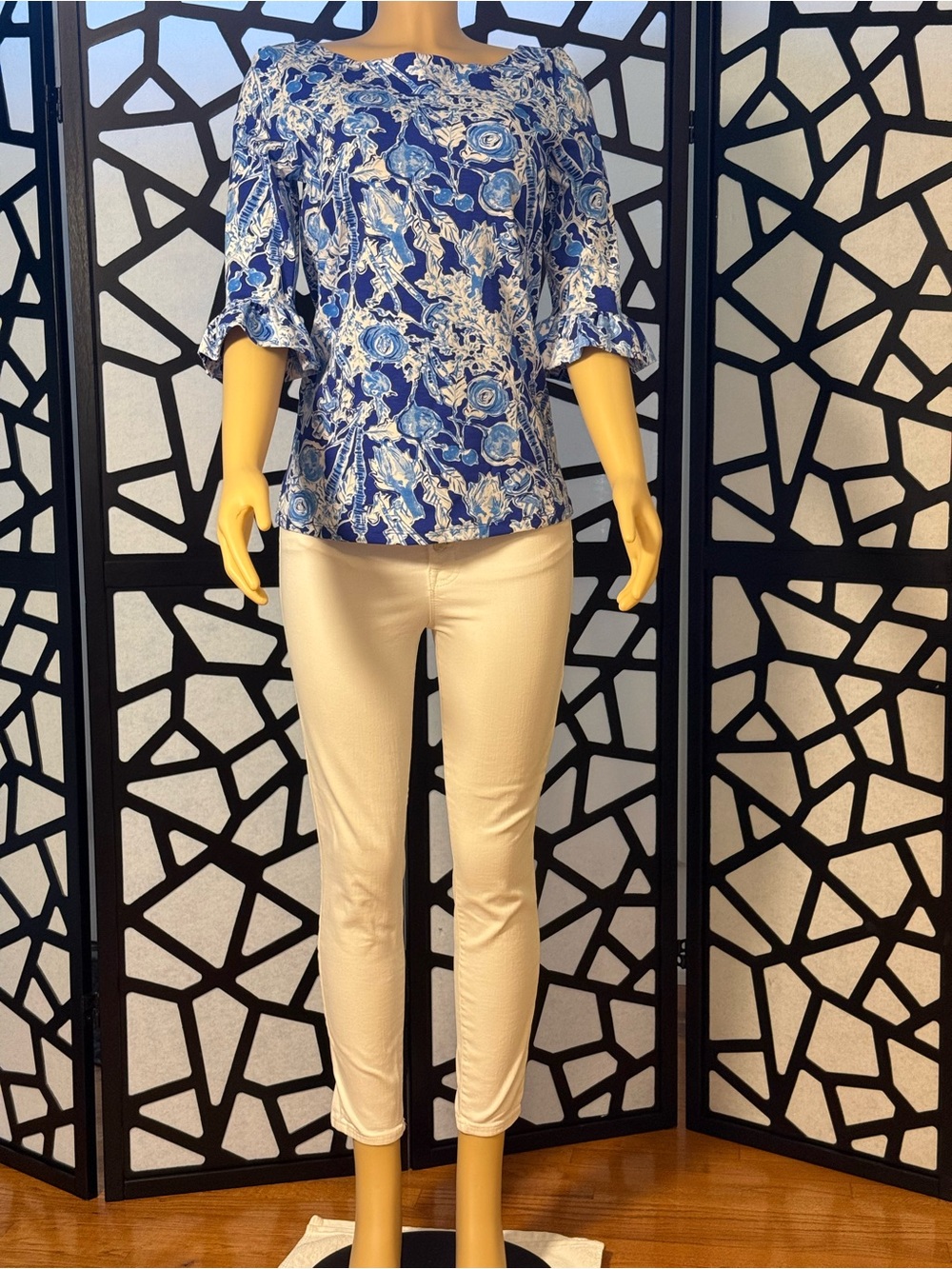 Lilly Pulitzer Blue & White Floral Bell-Sleeve Tunic TOP ONLY NWT